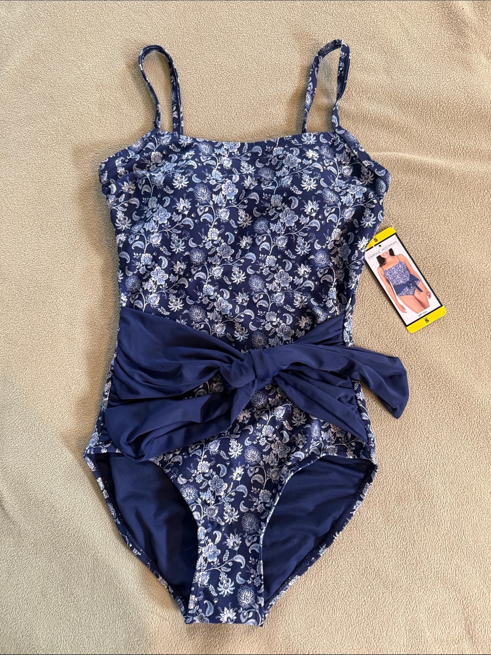 Midnight by Carole Hochman Navy Floral One-Piece with Waist Bow